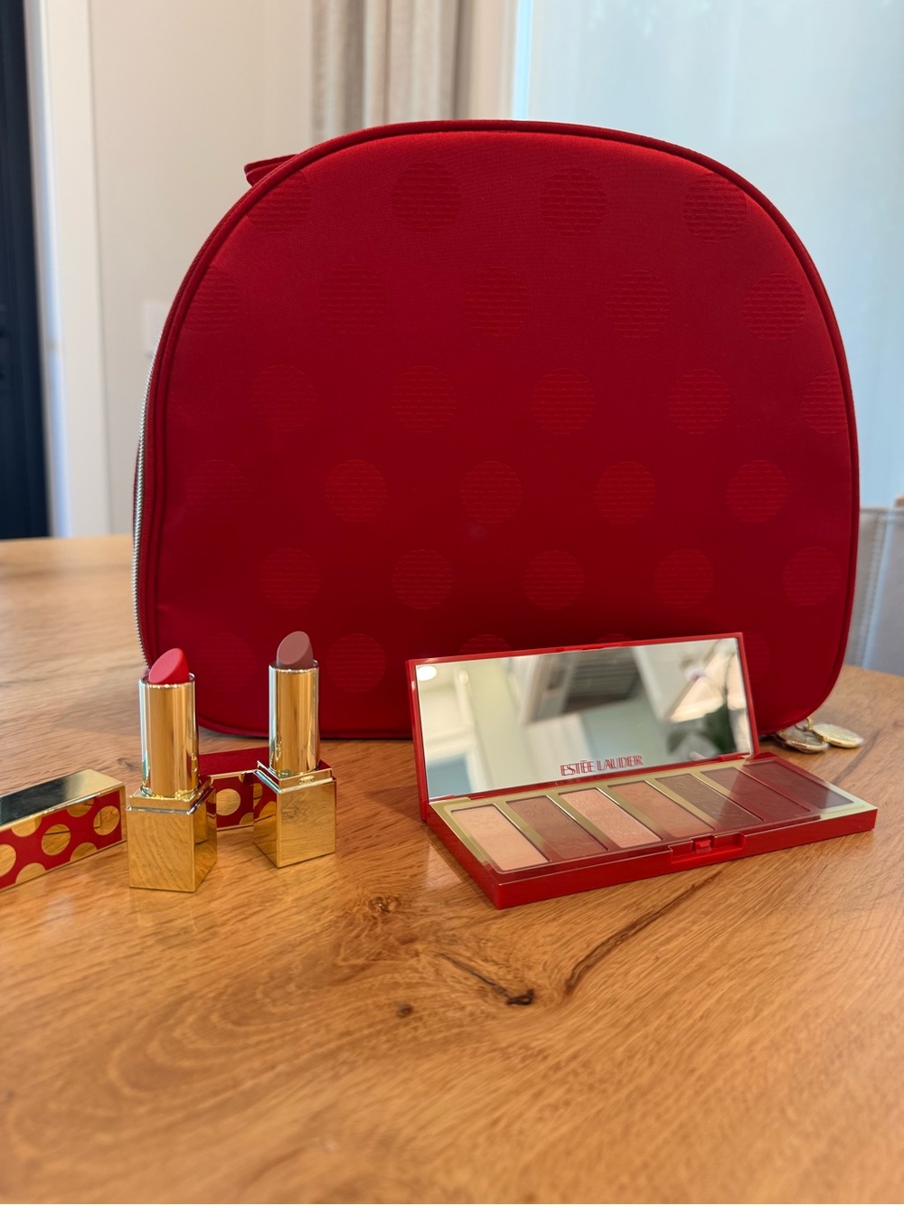 Estee Lauder Red Cosmetic Bag with Lipstick and Eyeshadow